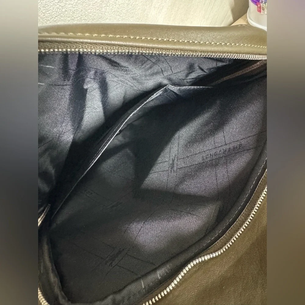 Longchamp Army Green Leather Backpack